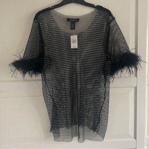 New! Ashley Stewart feather trim rhinestone mesh black top nwt 20646